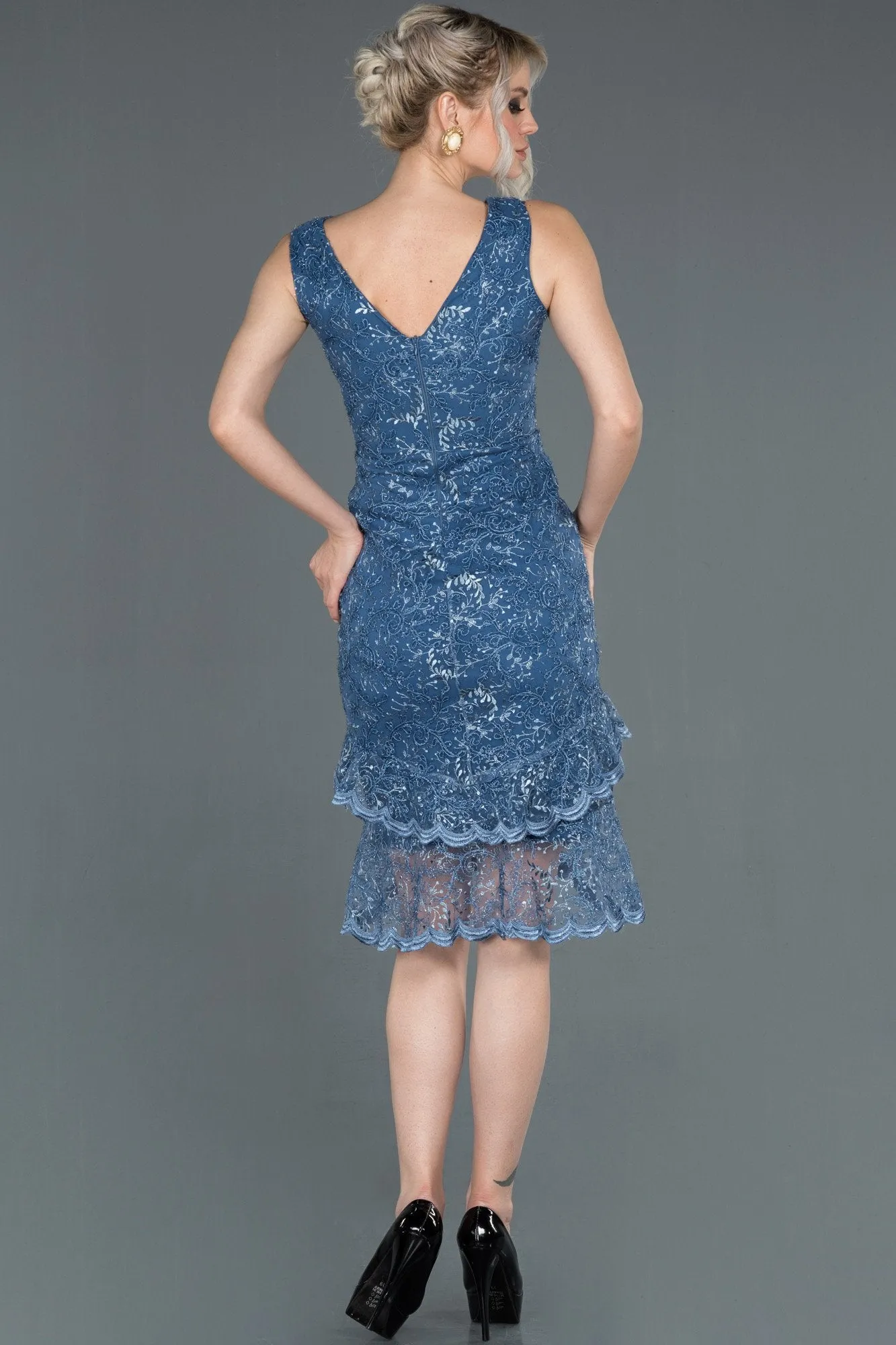 16916 Blue Embroidered Tulle Dress