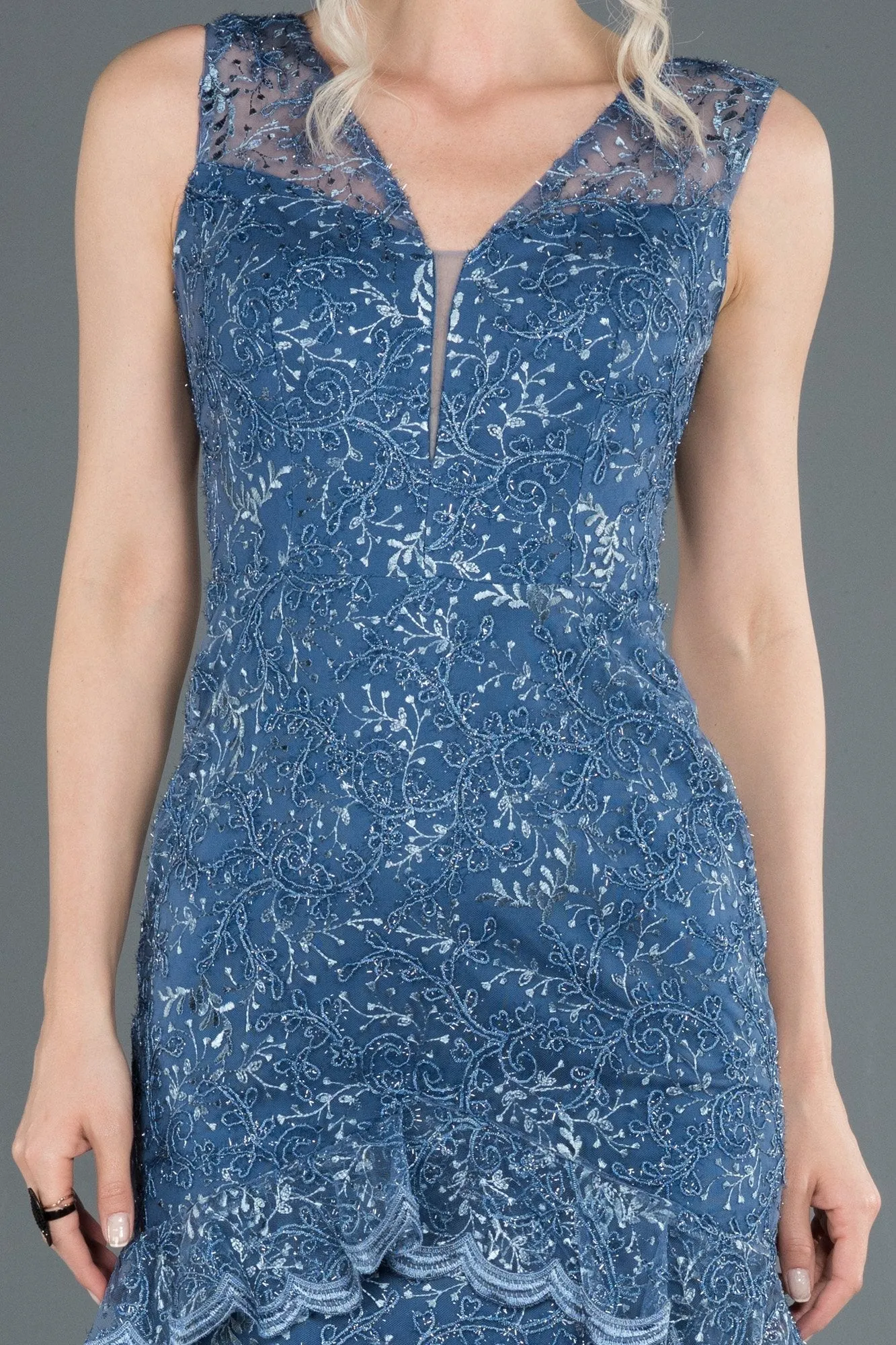 16916 Blue Embroidered Tulle Dress