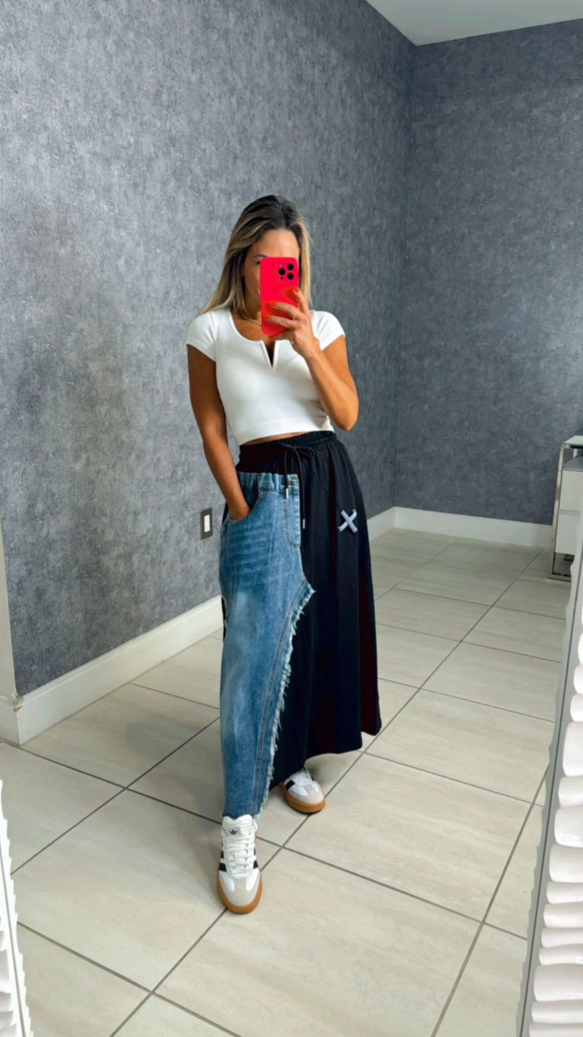 6332 Contrast denim maxi skirt