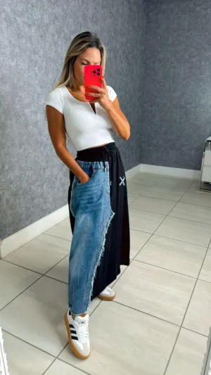 6332 Contrast denim maxi skirt