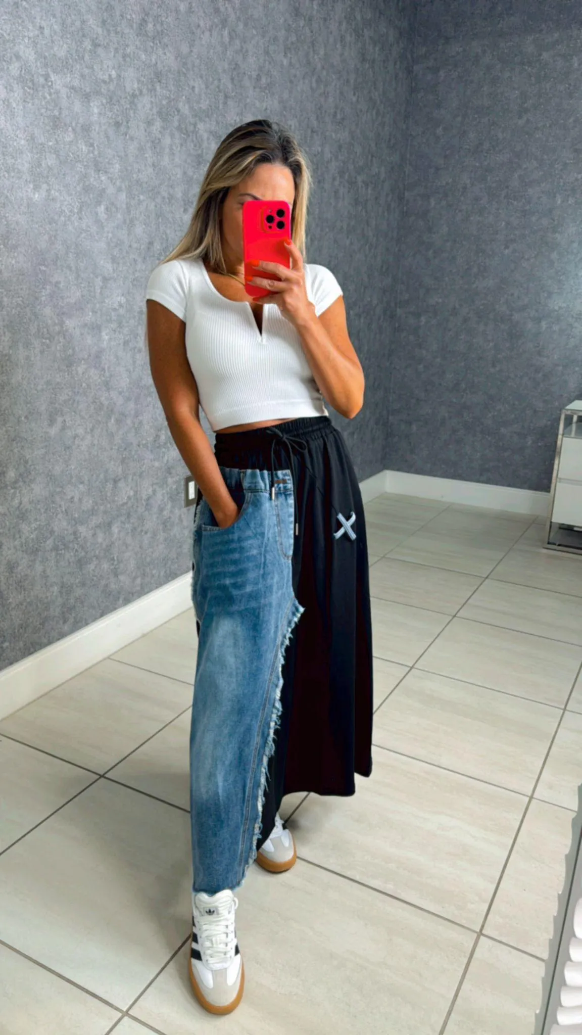 6332 Contrast denim maxi skirt