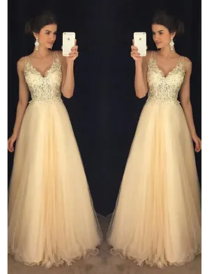 A-Line Prom Dresses Dress Formal Floor Length Sleeveless V Neck Tulle V Back Beading Appliques