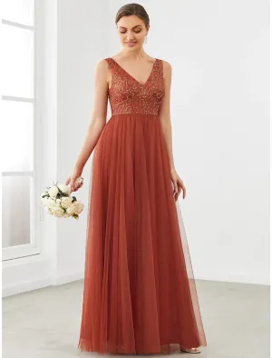 A-Line Prom Dresses Sparkle & Shine Dress Homecoming Wedding Guest Floor Length Sleeveless V Neck Tulle with Draping Splicing