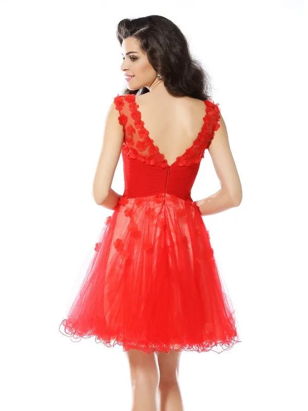 A-Line/Princess Scoop Applique Sleeveless Short Elastic Woven Satin Cocktail Dresses