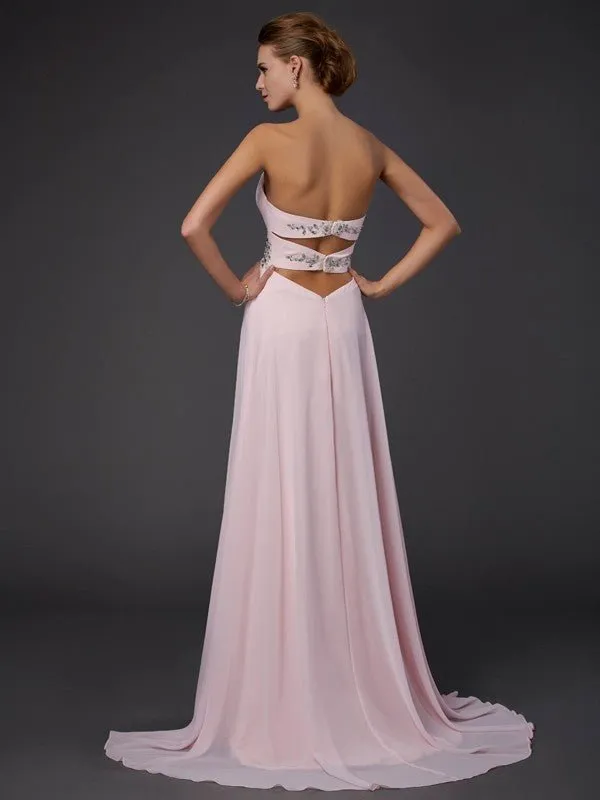 A-Line/Princess Sweetheart Sleeveless Beading Applique Long Chiffon Dresses
