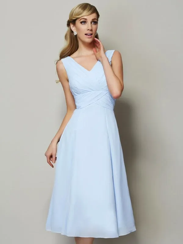 A-Line/Princess V-neck Sleeveless Pleats Short Chiffon Bridesmaid Dresses