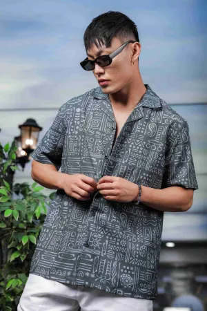 Abstract Tribal Print Cuban Collar Relaxed Fit Resort Shirt