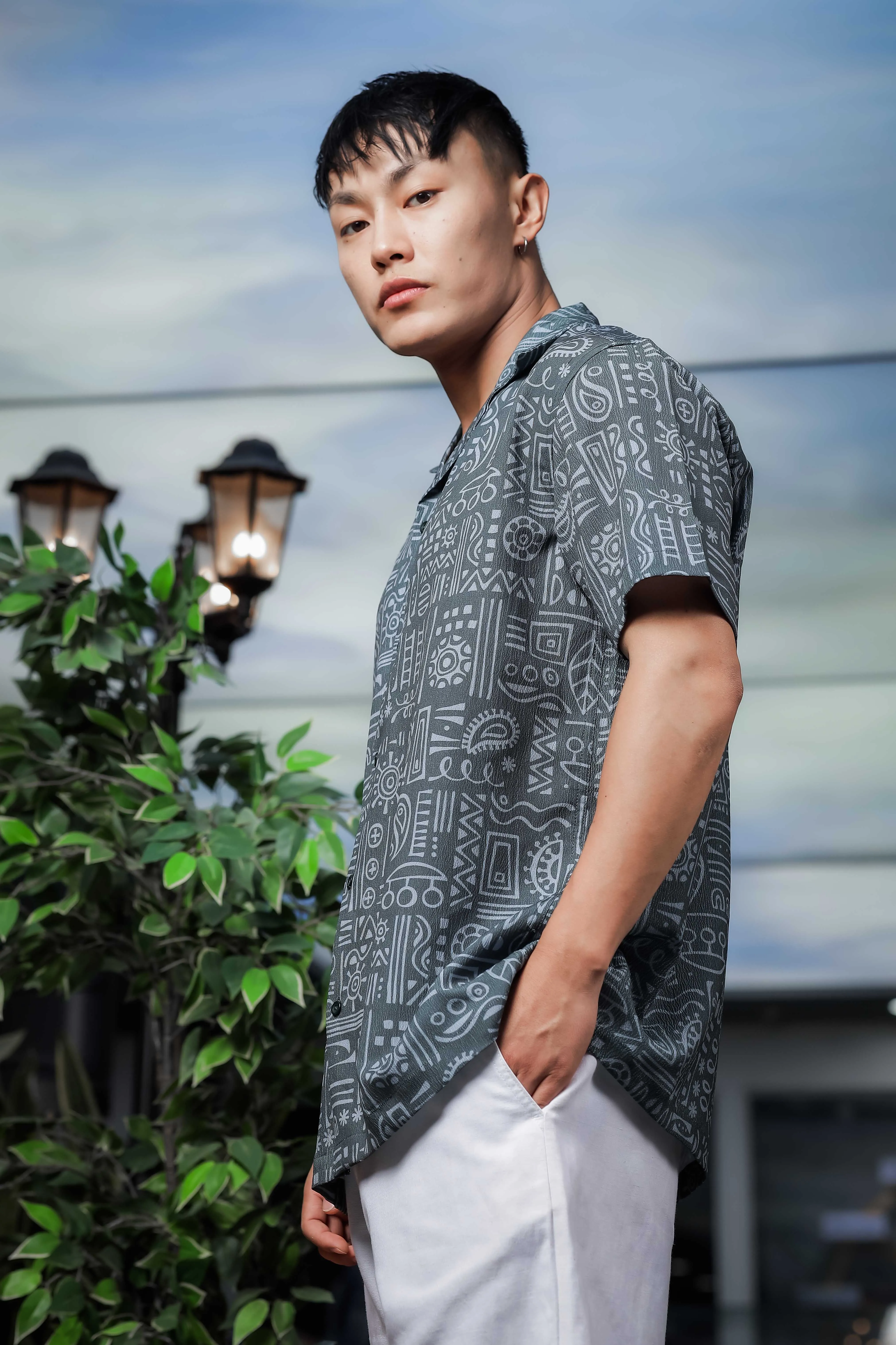 Abstract Tribal Print Cuban Collar Relaxed Fit Resort Shirt