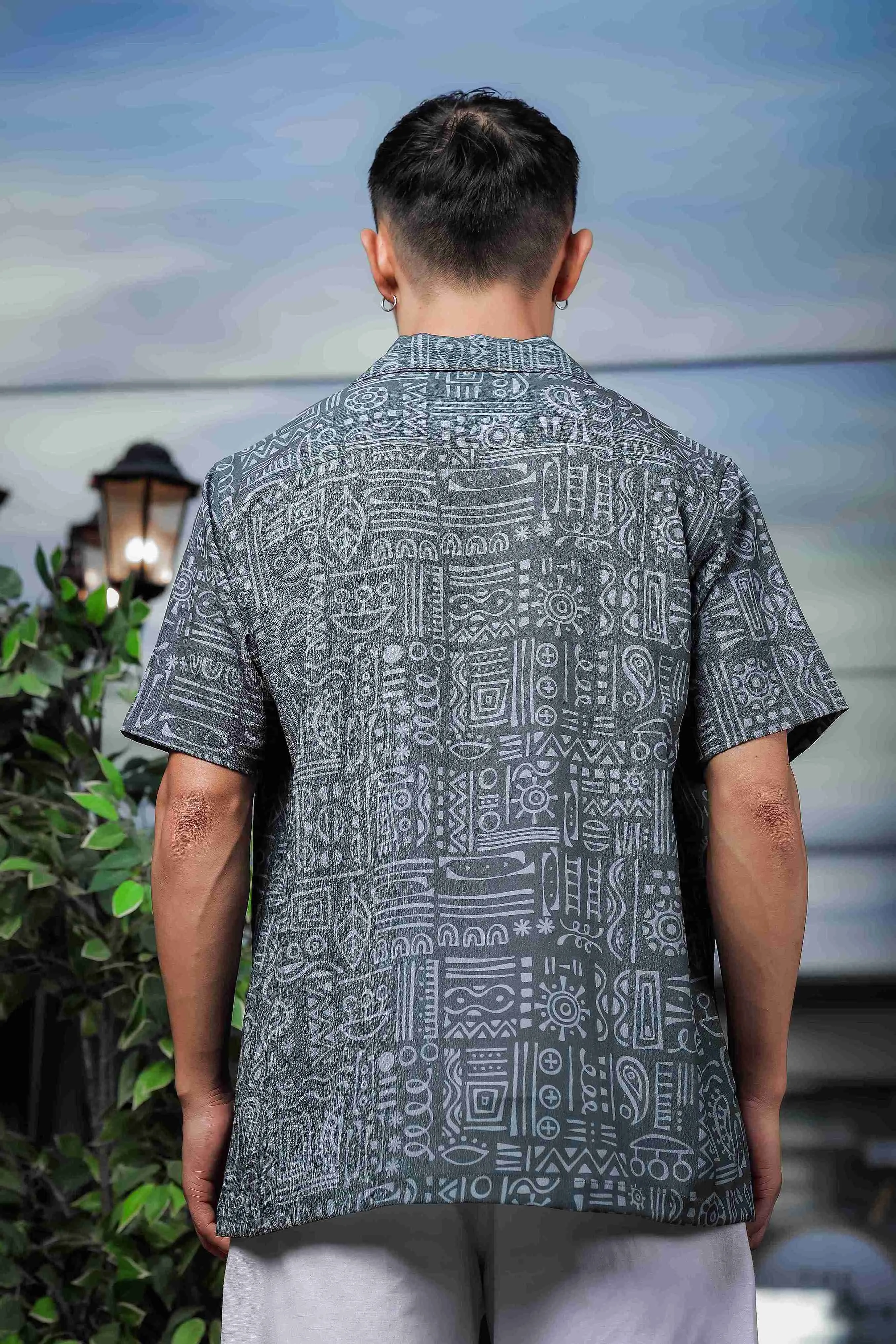 Abstract Tribal Print Cuban Collar Relaxed Fit Resort Shirt