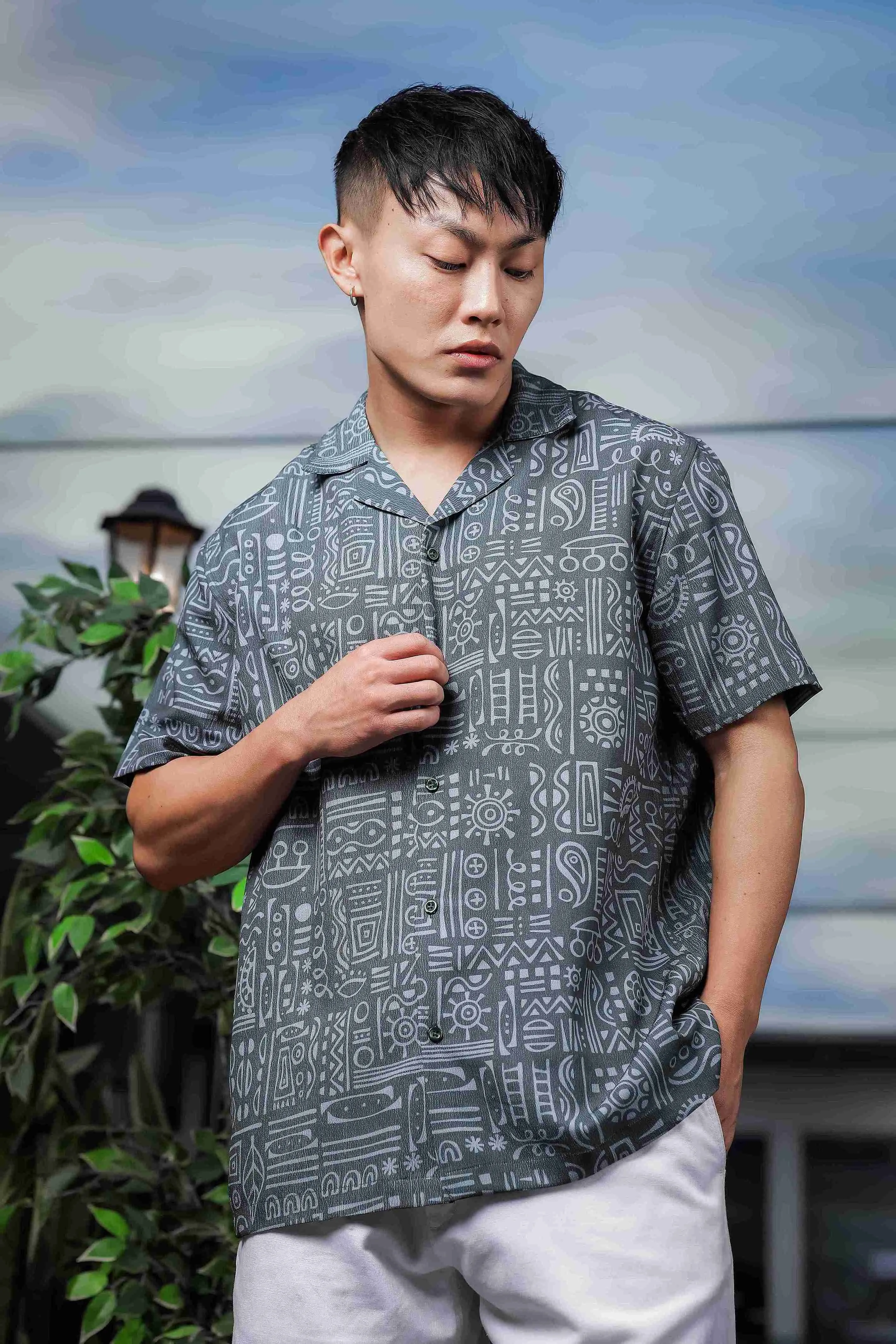 Abstract Tribal Print Cuban Collar Relaxed Fit Resort Shirt