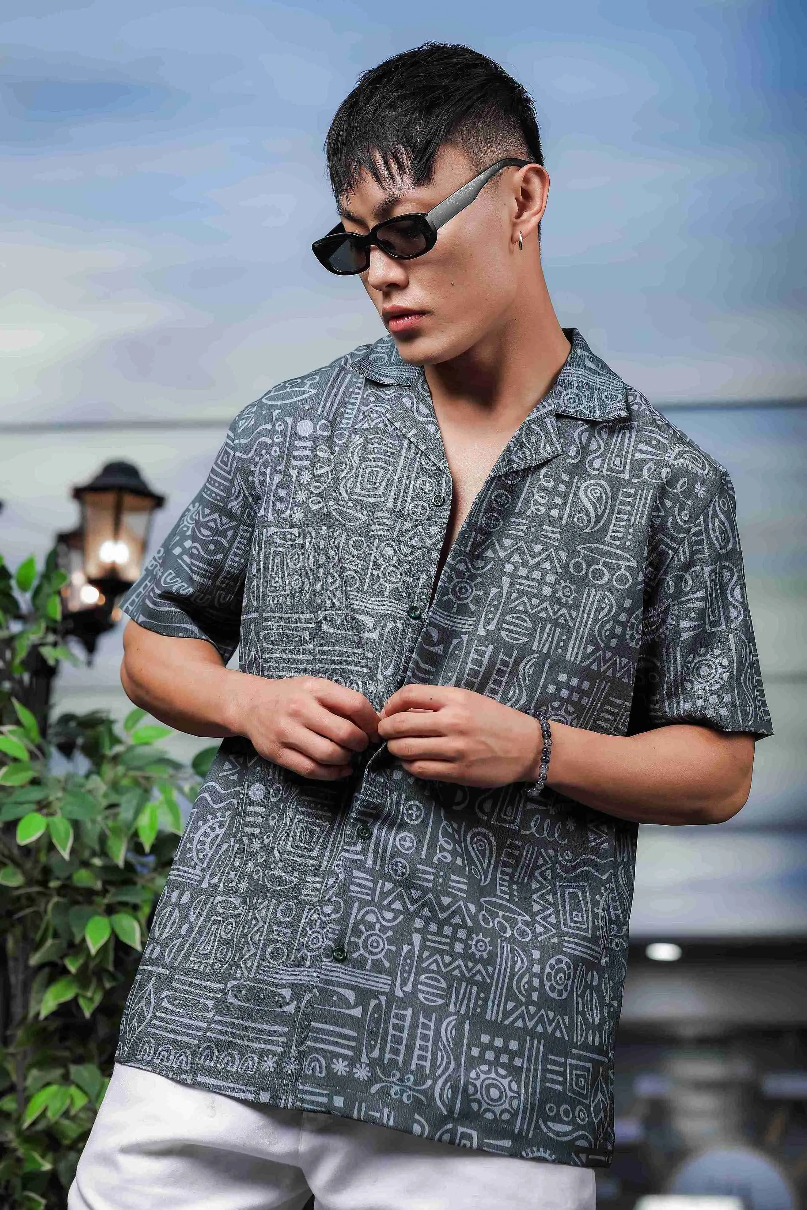 Abstract Tribal Print Cuban Collar Relaxed Fit Resort Shirt