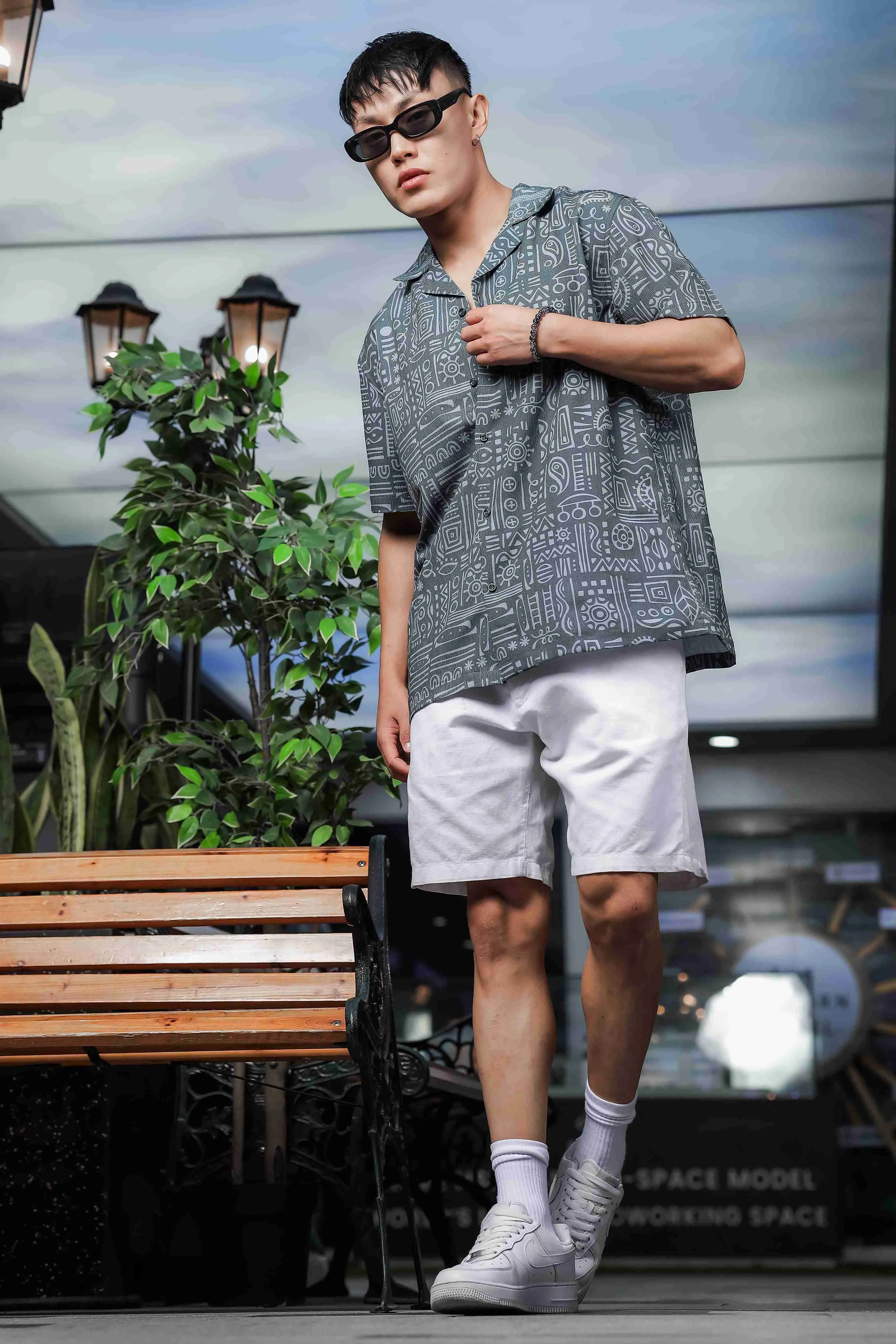 Abstract Tribal Print Cuban Collar Relaxed Fit Resort Shirt