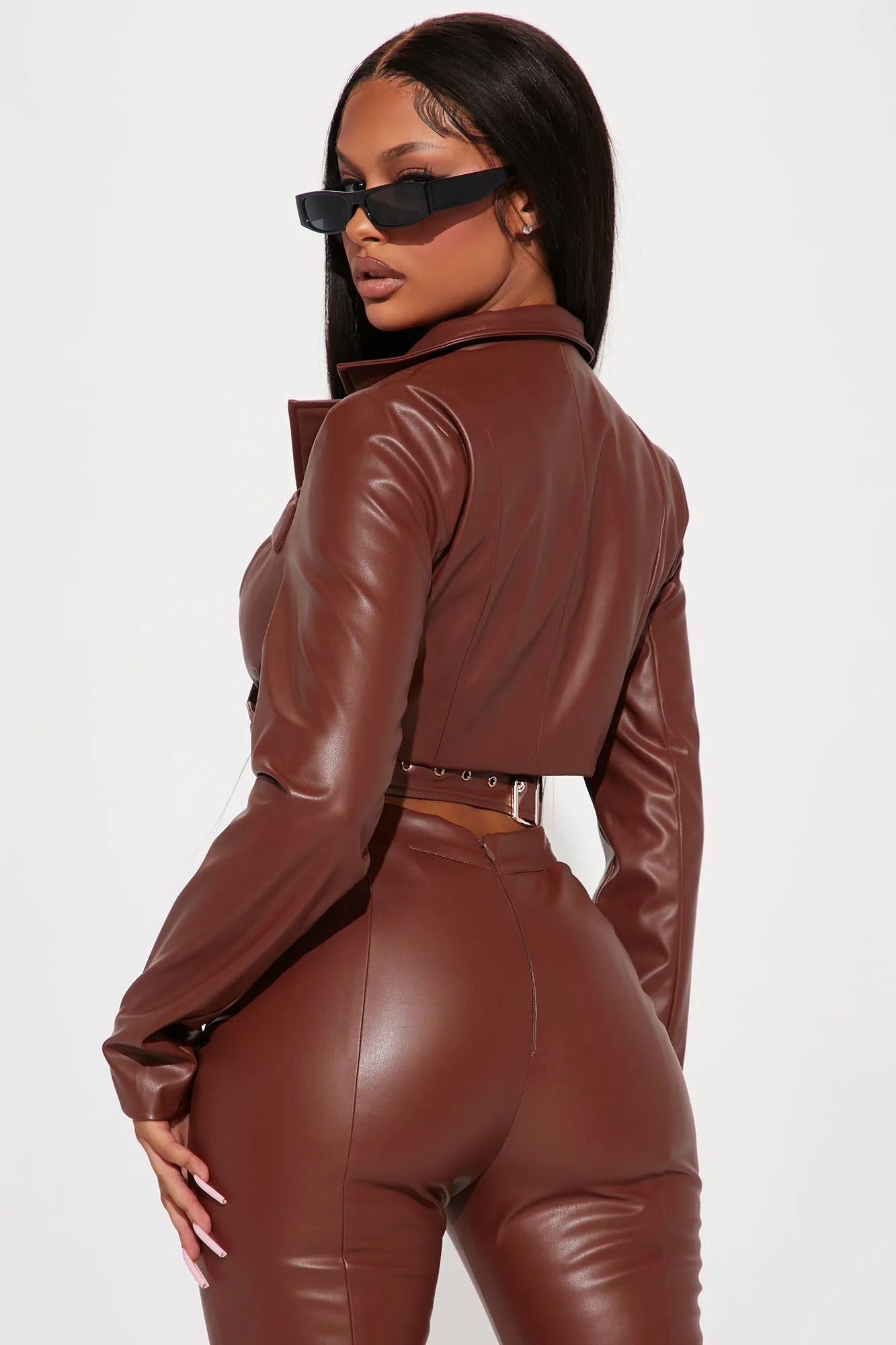 Alisa PU Pant Set - Brown