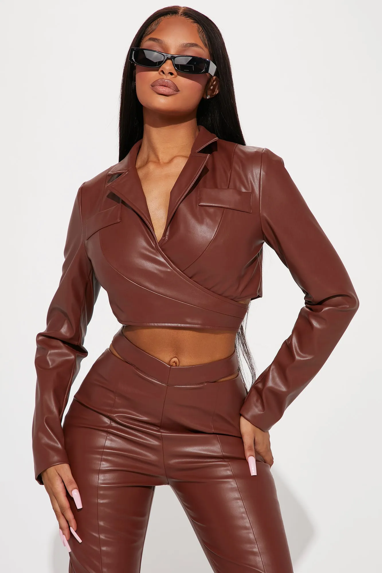 Alisa PU Pant Set - Brown