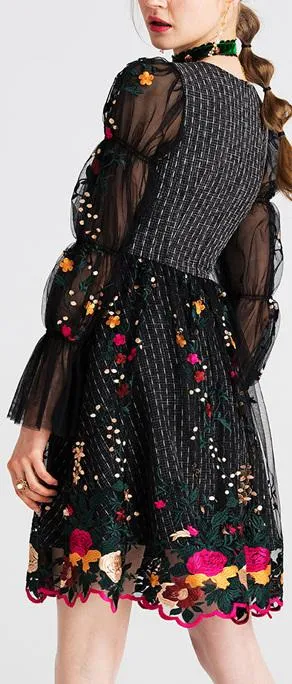 Balloon-Sleeve Embroidered Dress