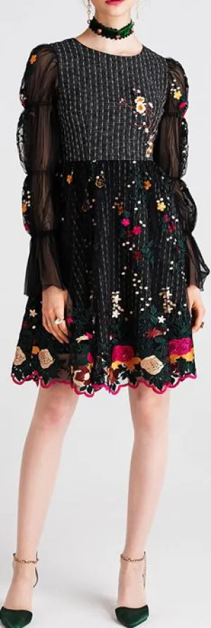 Balloon-Sleeve Embroidered Dress