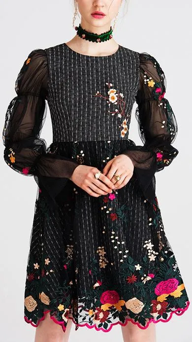 Balloon-Sleeve Embroidered Dress