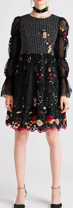 Balloon-Sleeve Embroidered Dress