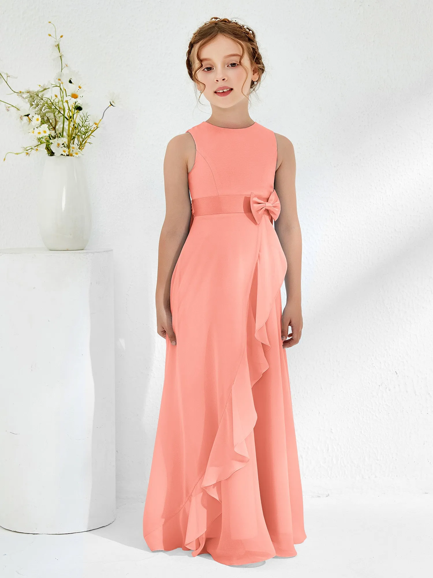 Bateau Neckline Ruffle Junior Bridesmaid Gowns Sunset