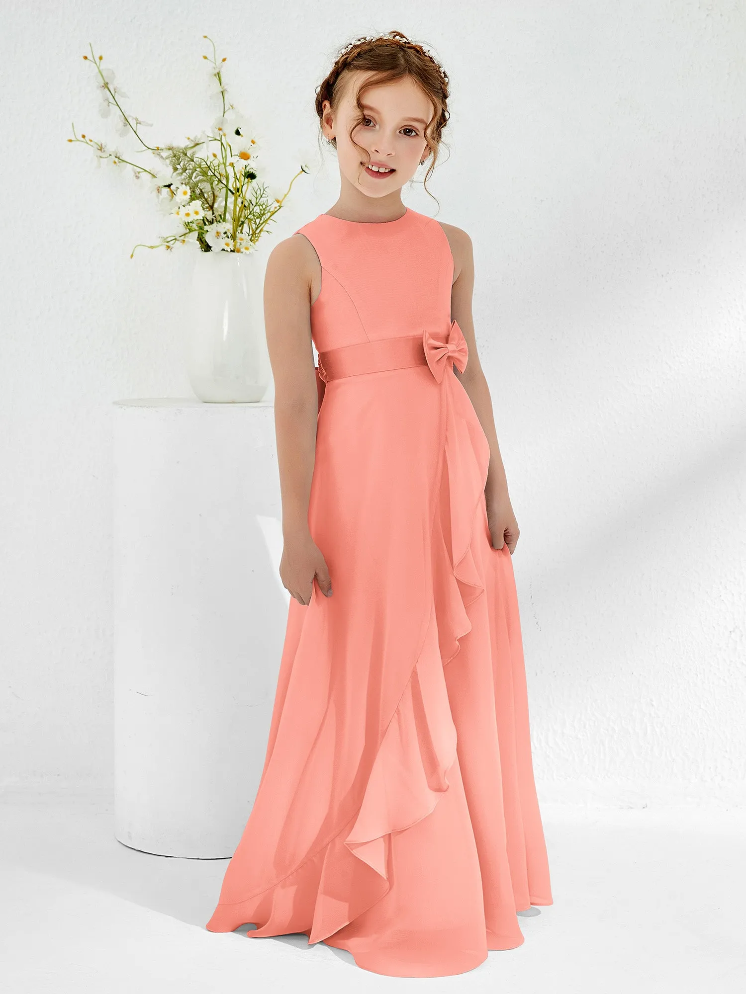Bateau Neckline Ruffle Junior Bridesmaid Gowns Sunset