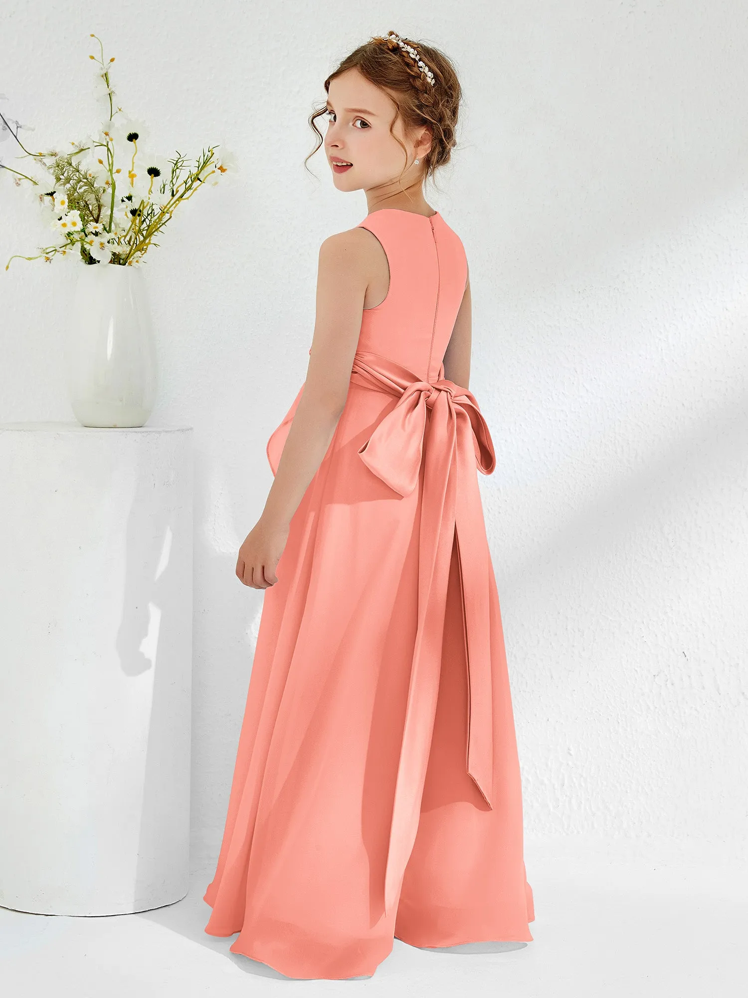 Bateau Neckline Ruffle Junior Bridesmaid Gowns Sunset