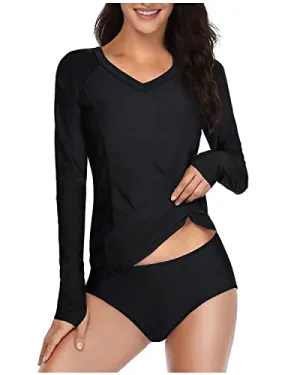 Bathing Suit Shirts With Upf 50  Protection Rash Guard Long Sleeve-Black