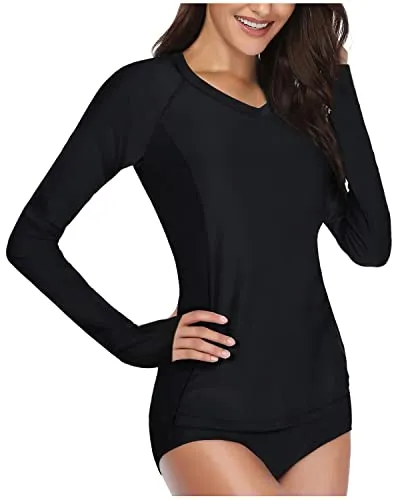 Bathing Suit Shirts With Upf 50  Protection Rash Guard Long Sleeve-Black