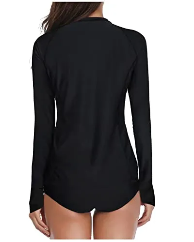 Bathing Suit Shirts With Upf 50  Protection Rash Guard Long Sleeve-Black