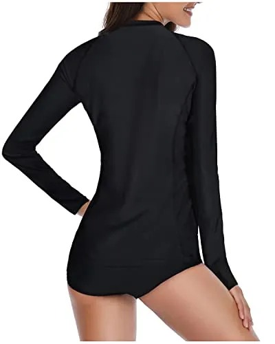 Bathing Suit Shirts With Upf 50  Protection Rash Guard Long Sleeve-Black
