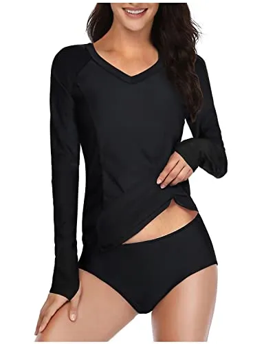 Bathing Suit Shirts With Upf 50  Protection Rash Guard Long Sleeve-Black