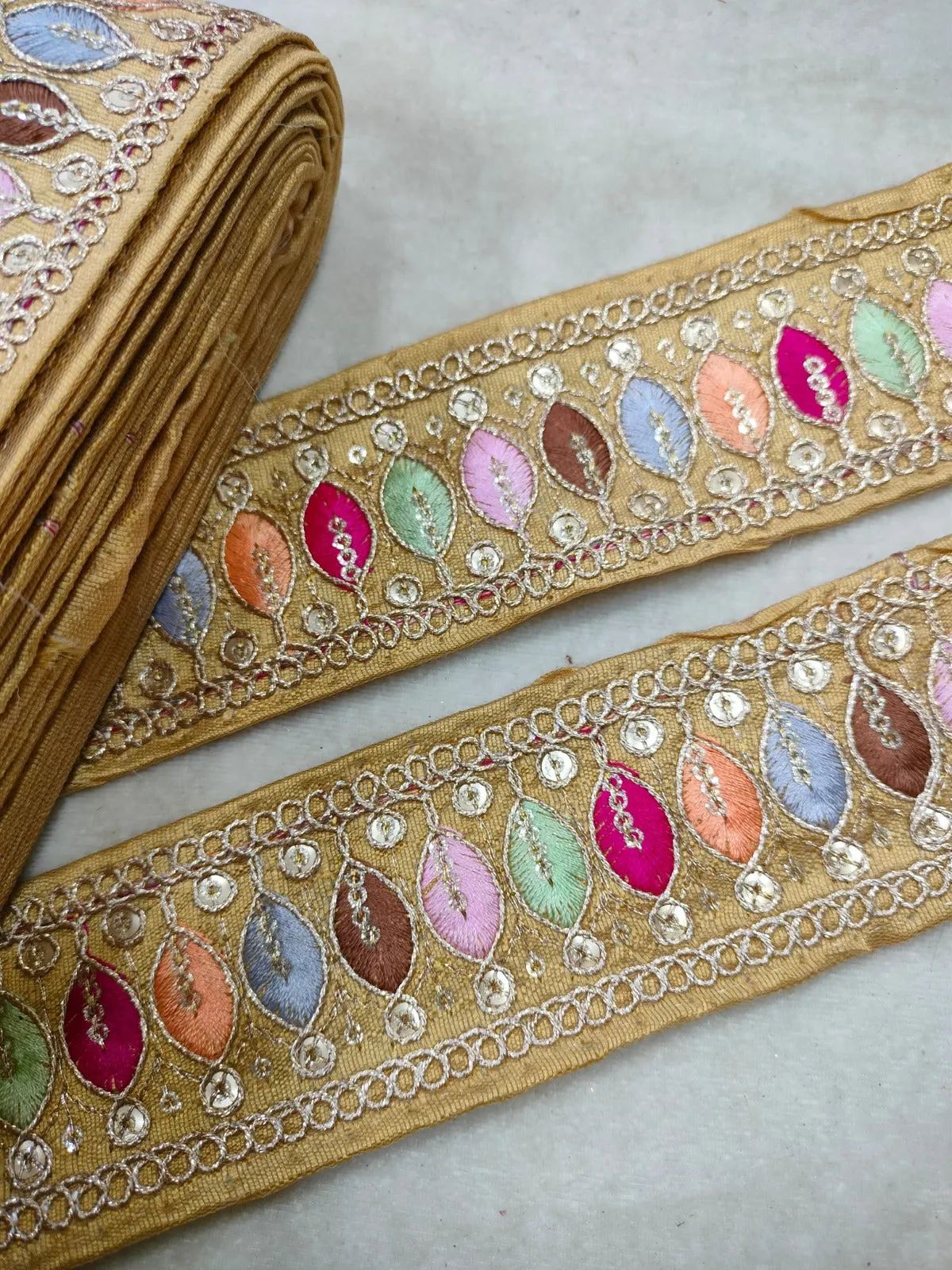 Beige Multicolor Embroidery Work Lace
