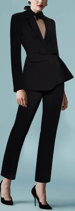 Belted Asymmetric Blazer and Pant Suit, Black