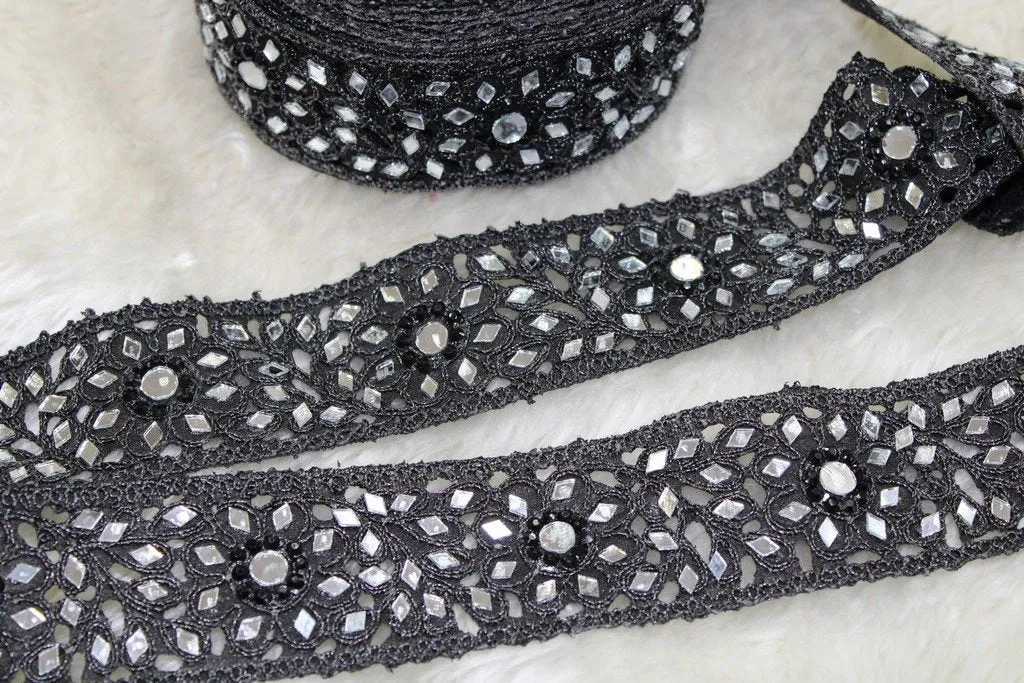 Black Embellished Mirror Work Embroidered Border