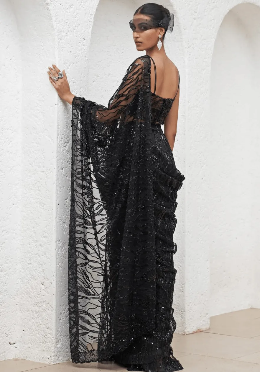 Black Embroidered Saree Set