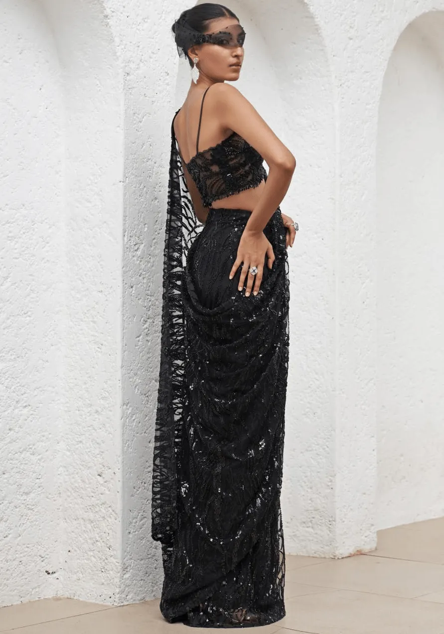 Black Embroidered Saree Set