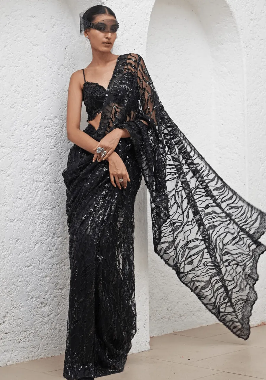 Black Embroidered Saree Set
