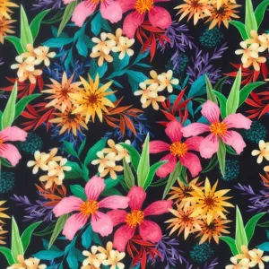 Black Floral Tropics Viscose Twill Fabric