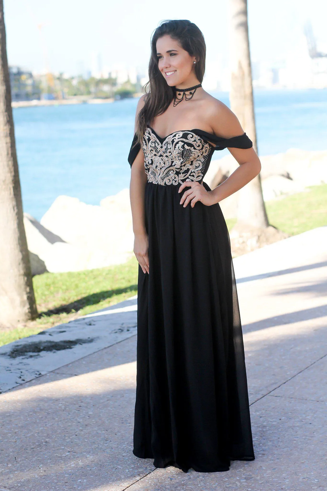 Black Off Shoulder Maxi Dress with Embroidered Top