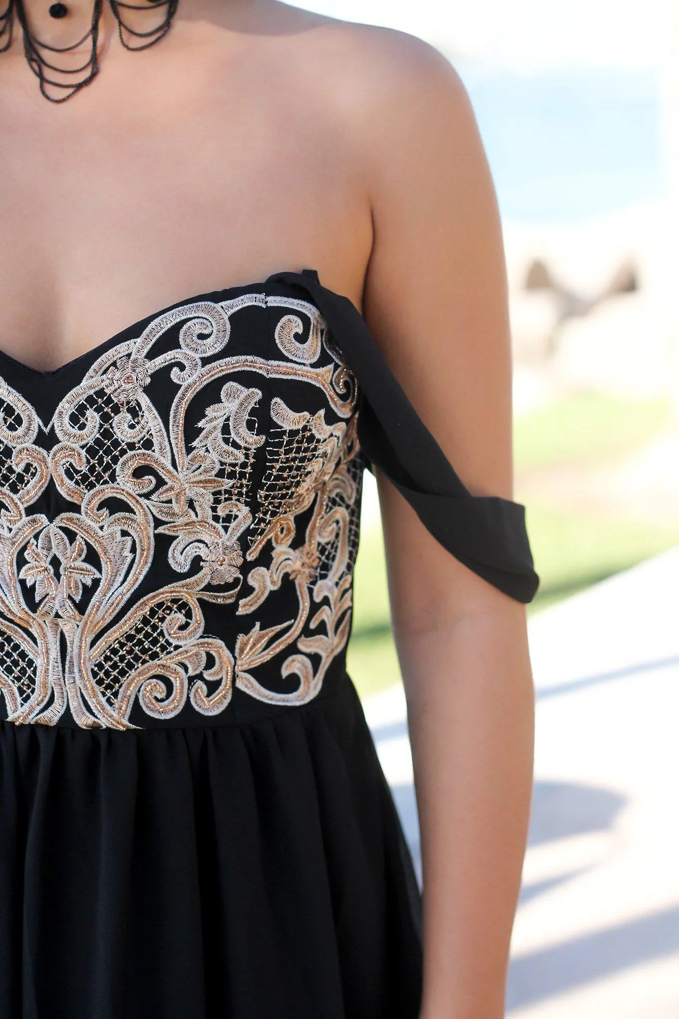 Black Off Shoulder Maxi Dress with Embroidered Top