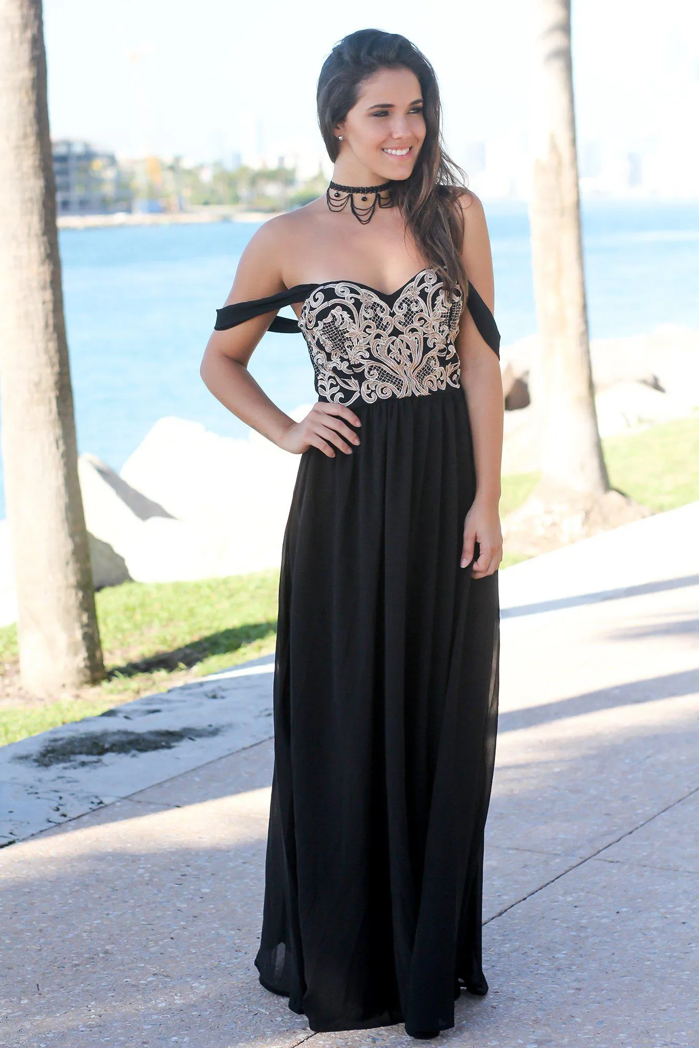 Black Off Shoulder Maxi Dress with Embroidered Top