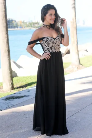 Black Off Shoulder Maxi Dress with Embroidered Top