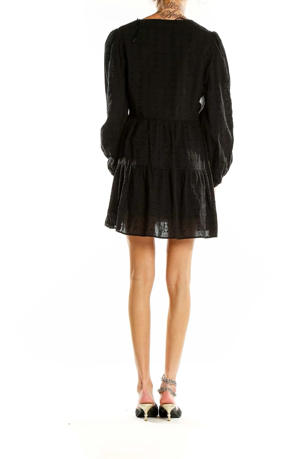 Black V Neck Embroidered Flare Dress