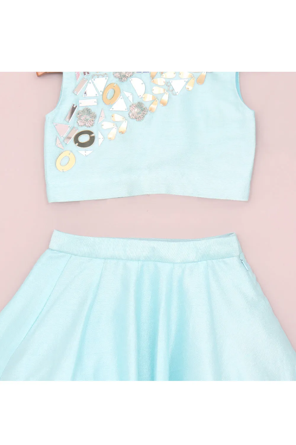 Blue Embroidered Silk Top With Frill Lehenga And Dupatta Set