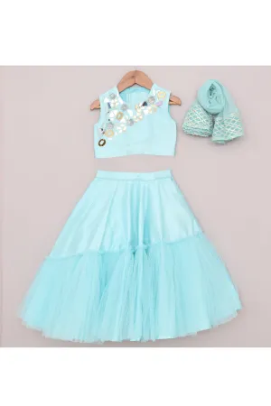 Blue Embroidered Silk Top With Frill Lehenga And Dupatta Set