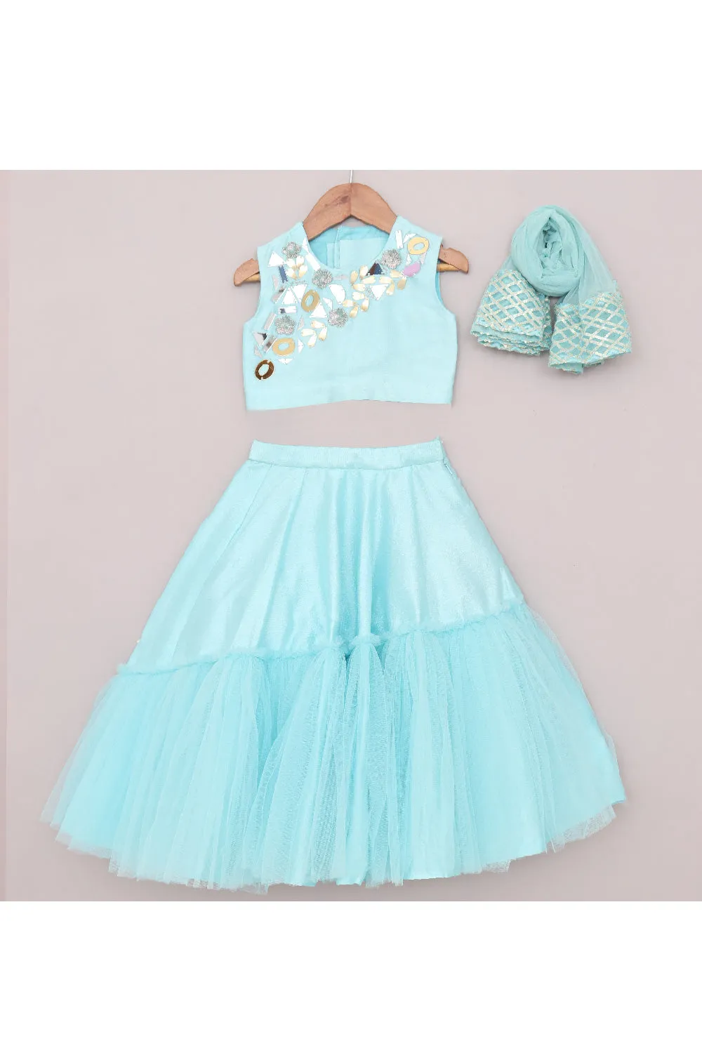 Blue Embroidered Silk Top With Frill Lehenga And Dupatta Set