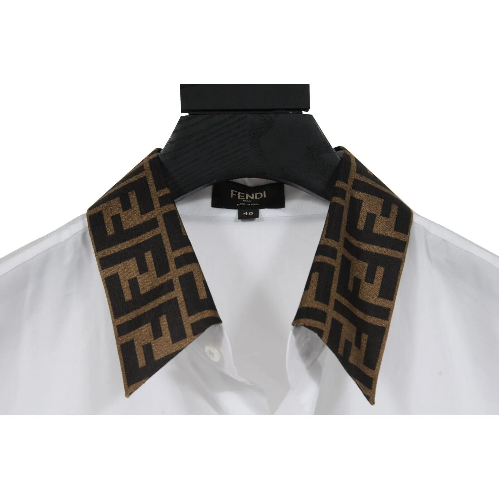 Button Down Shirt White BrownWhite FF Logo Collar Long Sleeve