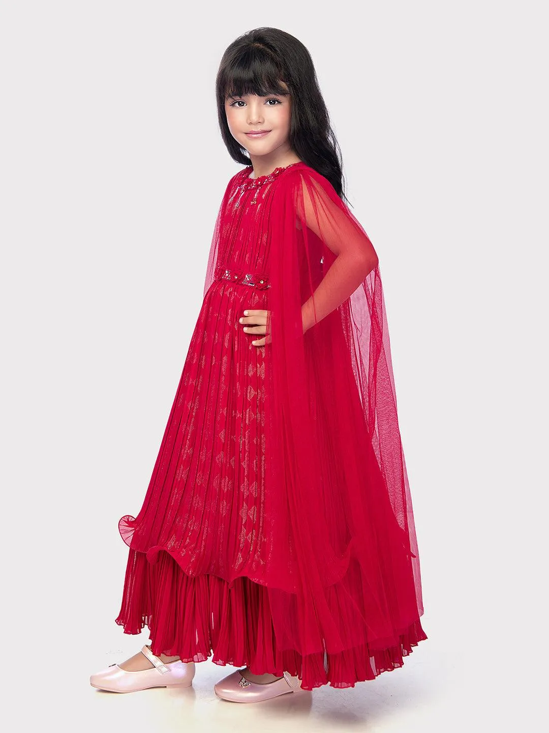 Cape Style Gowns For Girls / Fancy Sleeves Rani Coloured Gowns For Girls / Party Wear Gowns