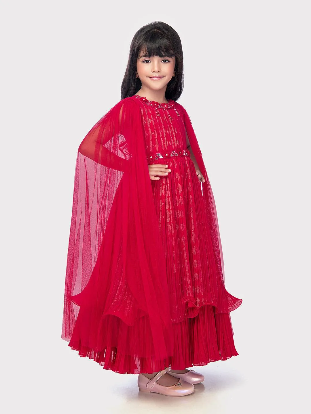 Cape Style Gowns For Girls / Fancy Sleeves Rani Coloured Gowns For Girls / Party Wear Gowns