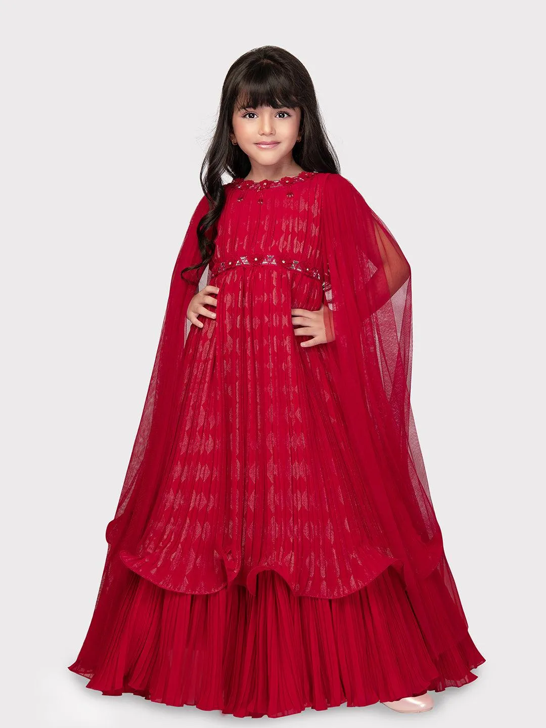 Cape Style Gowns For Girls / Fancy Sleeves Rani Coloured Gowns For Girls / Party Wear Gowns