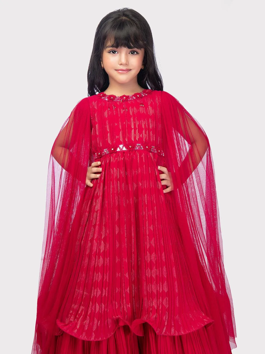 Cape Style Gowns For Girls / Fancy Sleeves Rani Coloured Gowns For Girls / Party Wear Gowns